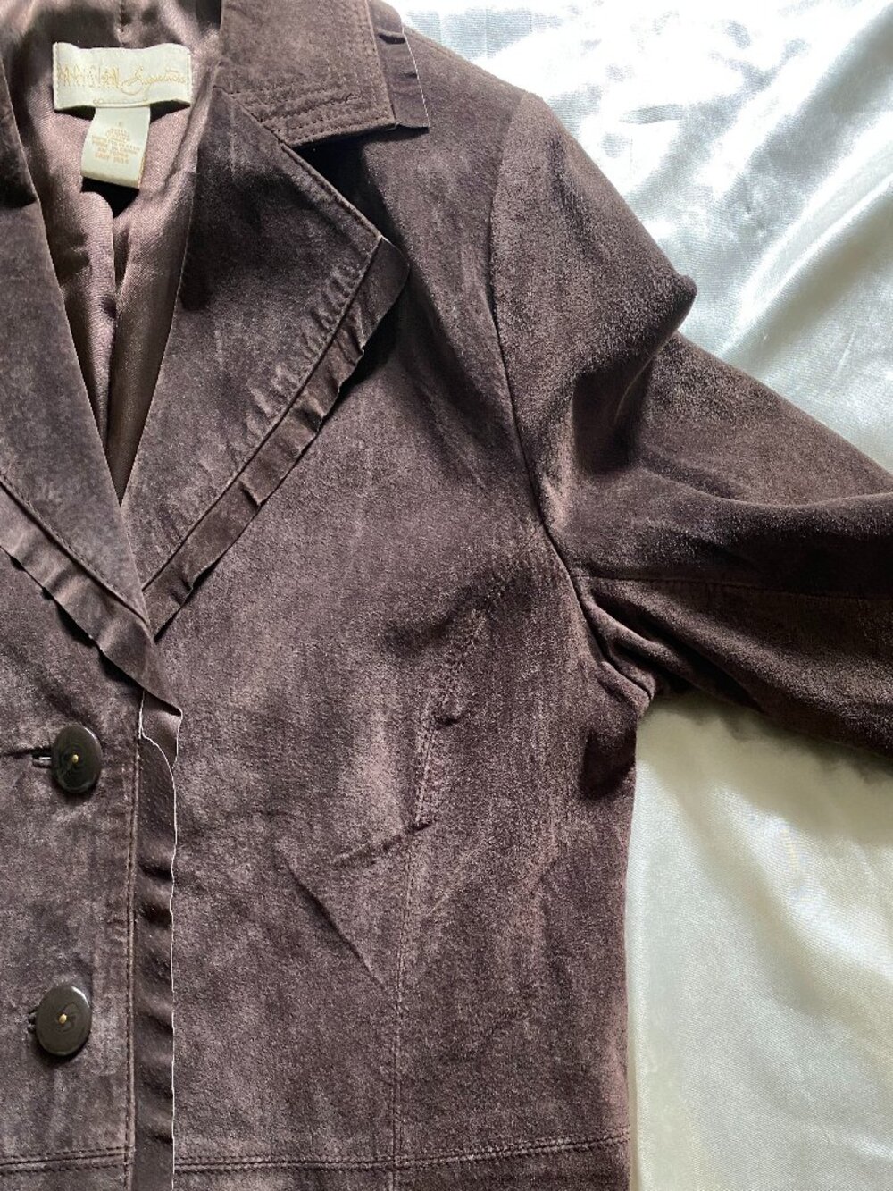 Vintage 1990s Parisian Chocolate Brown Suede Ruffle Blazer Small Boho Chic - Picture 5 of 8